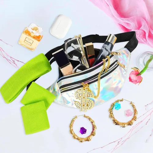 Vista 7 de ONUPGO Calentadores de piernas para mujer, accesorios de disfraces de los años 80, riñonera holográfica, calentadores de piernas de neón de punto