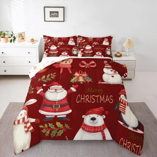 Vista 11 de Erosebridal Juego de edredón de Feliz Navidad, tamaño individual, divertido edredón de Papá Noel para niños y niñas, edredón de plumón de pingüino