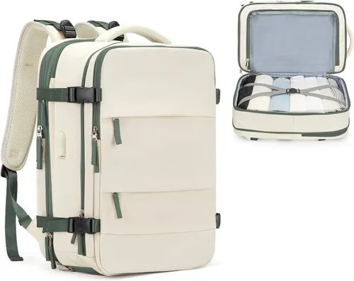 Vista 72 de Mochila de viaje grande, bolsa de mano, aprobada para aviones, para artículos personales, para hombre o mujer, color beige con marrón