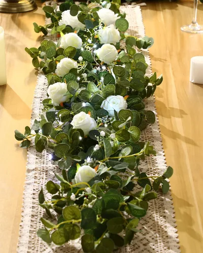 Vista 8 de Geosar - 2 guirnaldas de eucalipto de 6.5 pies con 20 luces LED, flores de rosas Artificial Flower Vines for Wedding Arch Backdrop Table