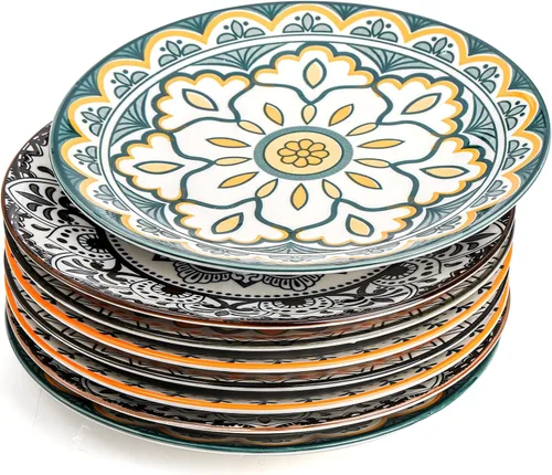 Vista 7 de Foraineam 8 platos de ensalada, platos de postre florales de porcelana de 8.5 pulgadas, coloridos juegos de platos redondos para almuerzo, ensalada