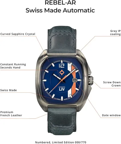 Vista 6 de LIV Rebel-AR Swiss Automatic Elaboré Grade 26-Jewel Movement - 420 mm Rectangular Curved Case- IP Surgical Grade 316L Stainless Steel-Multi-Layer
