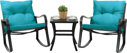 Vista 8 de Kozyard Juego de 3 sillas mecedoras para exteriores con mesa auxiliar y cojines, juego de muebles de mimbre para jardín, porche, patio trasero