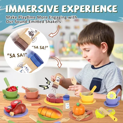 Vista 3 de Platos y platos de madera para niños, accesorios de cocina para niños pequeños de 1 a 3 años, juguetes de cocina, tazas de té para niños, regalo