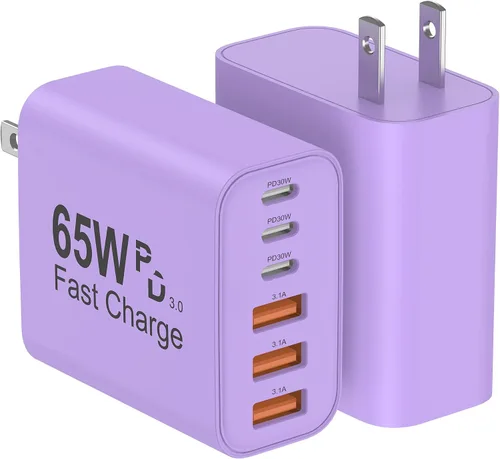 Vista 9 de Bloque de Cargador USB C, Paquete de 2 Cargadores de Pared USB C de 65W con 6 Puertos, Cargador de Pared para iPhone, Adaptador de Corriente PD+QC