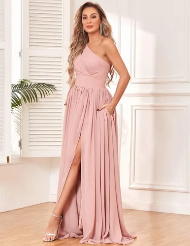 Vista 6 de MXODI One Shoulder Bridesmaid Dress with Slit Chiffon Long Formal Dresses with Pockets