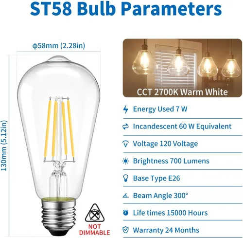 Vista 5 de ANWIO Bombillas LED Edison vintage, paquete de 3 unidades, 7 W, equivalente a 60 W, no regulables, ST58 2700 K, bombillas de filamento LED antiguo