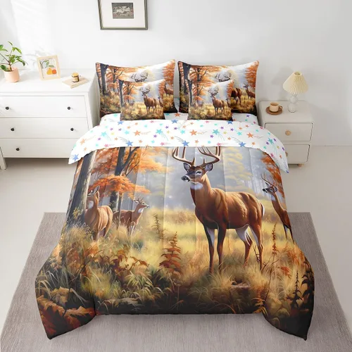 Vista 81 de Feelyou Juego de edredón de ciervo con sábanas – Tamaño Queen 7 piezas Juego de ropa de cama infantil de caza rústica – Cama de ciervo de cabaña