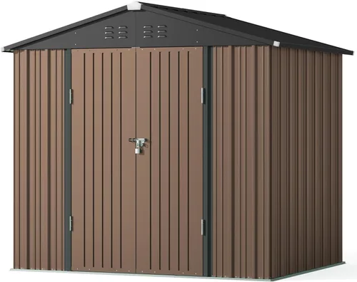 Vista 8 de Gizoon Cobertizo de almacenamiento para exteriores de 8 x 6 pies, cobertizo de jardín de metal galvanizado con puertas dobles con cerradura, Marrón