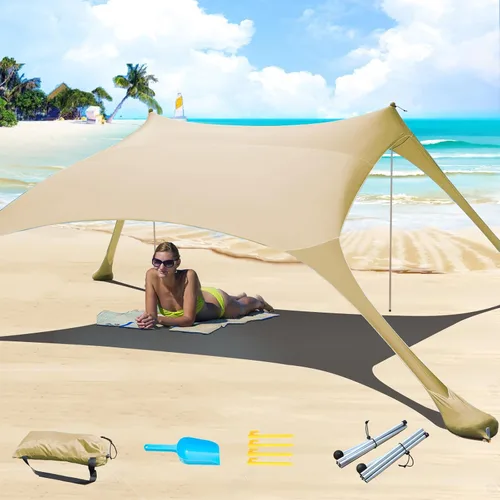 Vista 10 de Tienda de campaña de playa de 77 pies con protección UV UPF50+, toldo al aire libre con 2 postes para camping, pesca, patio trasero y pícnics