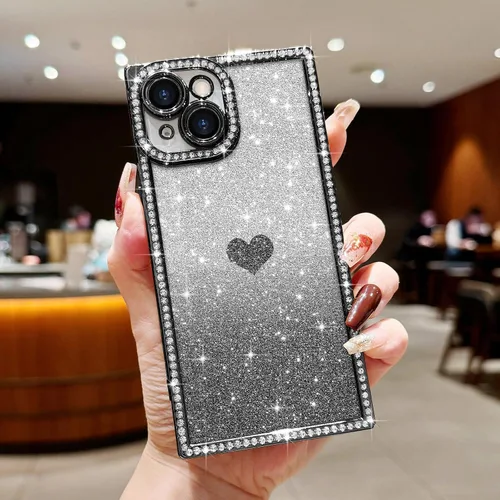 Vista 2 de Funda para iPhone 13, funda de diamantes de imitación de lujo con patrón de corazón de amor de cristal [papel con purpurina extraíble], parachoques