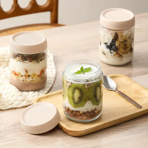 Vista 6 de NETANY Paquete de 6 tarros de vidrio de 16 onzas con tapas herméticas, recipientes de avena con tapas, tarros de ensalada Mason de boca ancha