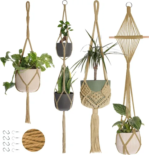 Vista 15 de Nook Theory Paquete de 4 Colgadores de Macramé para Plantas con 8 Ganchos - Macetas Colgantes para Plantas de Interior, Colgadores de Macramé Boho