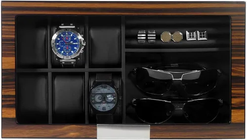 Vista 8 de Lifomenz Co Caja de joyería de reloj para hombre con 6 ranuras, 6 fundas de reloj, 8 pares de gemelos y lentes de sol, organizador grande de madera