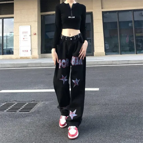 Vista 4 de CYee Jeans de cintura alta para mujer, pantalones altos con estampado de estrellas, pantalones Grunge, pantalones holgados y estéticos para la calle