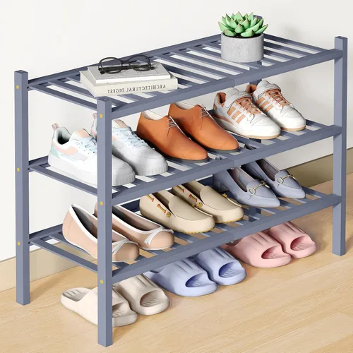 Vista 111 de Smiry Zapatero de bambú para armario, organizador de zapatos de madera de 3 niveles, estante apilable de almacenamiento de zapatos de madera