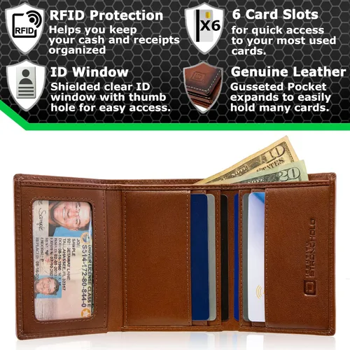 Vista 2 de Billetera triple con bloqueo RFID para hombre, piel auténtica de búfalo, marrón, (Antiqued Brown), Cartera RFID