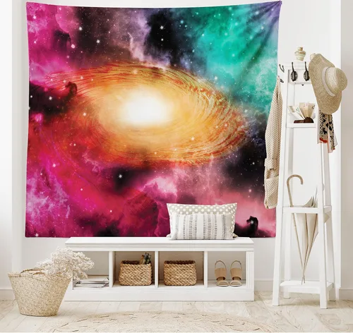 Vista 34 de Ambesonne Tapiz de hongos, atmósfera psicodélica, escena astral estrellada con motivos orientales trippy, decoración de tela para colgar en la pared