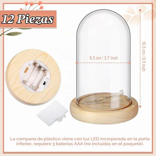 Vista 5 de Roowest - Cúpula de plástico Cloche, base de madera y luz LED, 6.5 x 3.7 pulgadas, 12