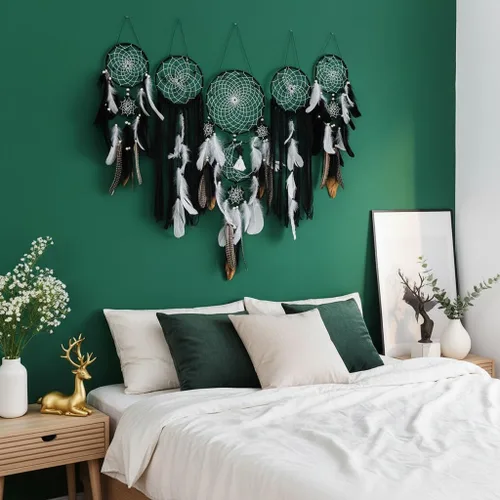 Vista 3 de Paquete de 5 atrapasueños para decoración de pared, diseño bohemio de luna y sol, juego negro