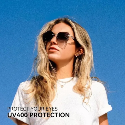 Vista 8 de ZENOTTIC Lentes de sol sin montura de gran tamaño para mujer, diseño geométrico de corte de diamante, lentes degradados, protección UV, tonos de moda