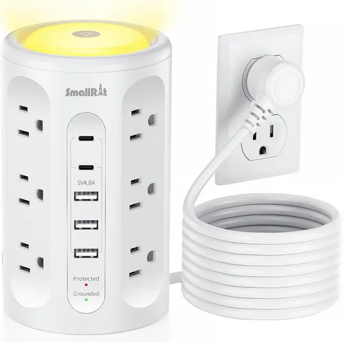Vista 11 de Torre de regleta de protección contra sobretensiones con 5 puertos USB y luz nocturna, cable de extensión de 10 pies con 12 tomas de corriente Negro