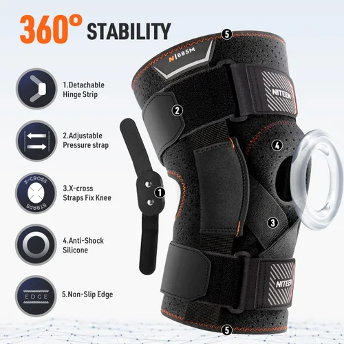 Vista 5 de NITEEN Rodillera con bisagras para dolor de rodilla con estabilizadores laterales Rodilleras para mujeres y hombres Rodillera ajustable