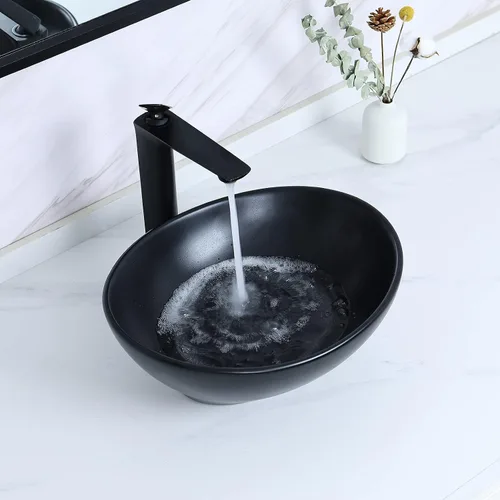 Vista 9 de Davivy Fregadero ovalado negro mate de 15.7 x 13 pulgadas con drenaje desplegable, fregaderos de baño sobre encimera, fregaderos de baño, fregaderos