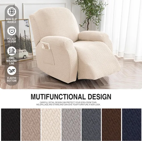 Vista 4 de Genina Funda para Silla Reclinable, Fundas Elásticas para Sillas Reclinables, Fundas para Sofá Reclinable con Rayas Jacquard, Fundas para Sofá