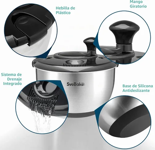 Vista 3 de Escurridor de ensalada de acero inoxidable, lavadora de verduras de 4.8 Qt, secador de lechuga sin BPA con diseño de manivela, apto para negro