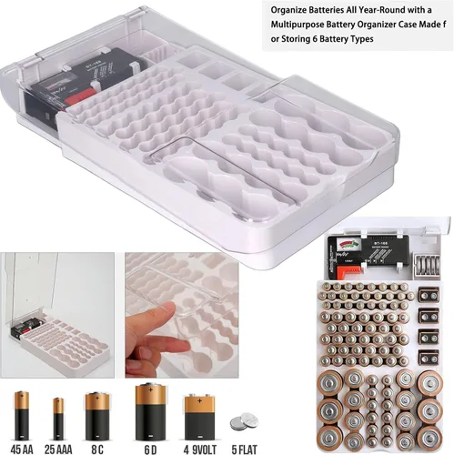 Vista 2 de Caja de almacenamiento organizadora de baterías con probador, tapa transparente, organizador de batería, soporte para 93 baterías, caja