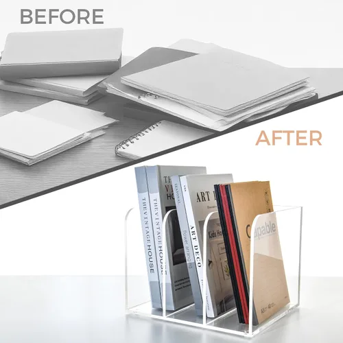 Vista 8 de 3 compartimentos verticales de acrílico transparente para revistas y archivadores, organizador de escritorio multiusos para documentos, tabletas