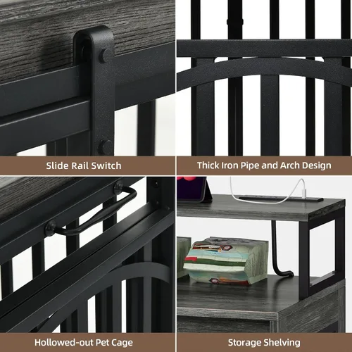 Vista 5 de DWVO 71" Double Dog Crate Furniture with LED Light & Power Outlets Soporte de TV doble resistente para perros con estantes y puertas correderas