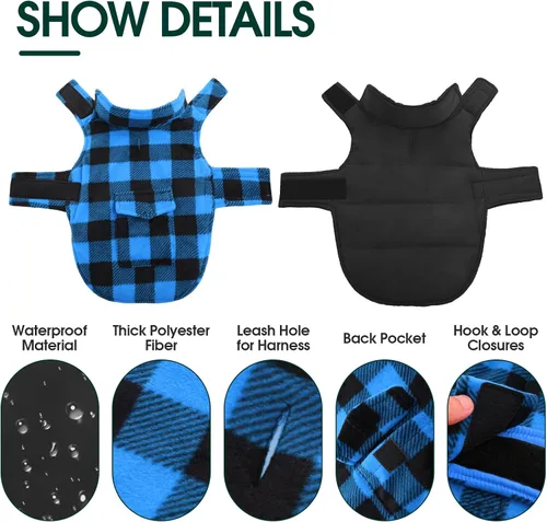 Vista 2 de Kuoser Abrigo de invierno para perro, chaqueta de forro polar resistente al viento, estilo británico, a cuadros, chaleco para clima frío