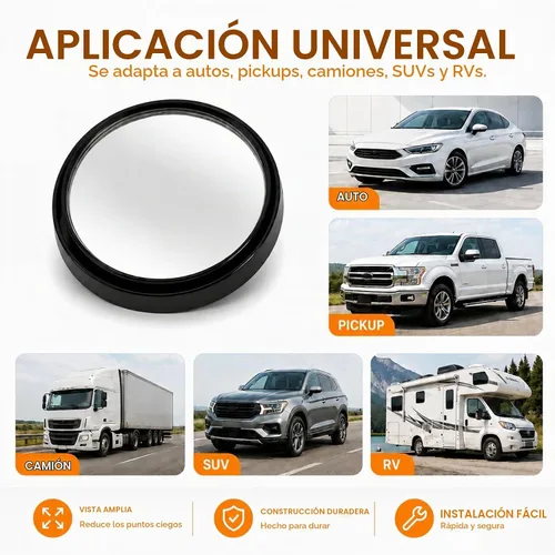 Vista 6 de Espejo retrovisor convexo redondo de vidrio HD de 2 pulgadas con marco, espejo de punto ciego para automóvil, gran angular de 360 grados con parte
