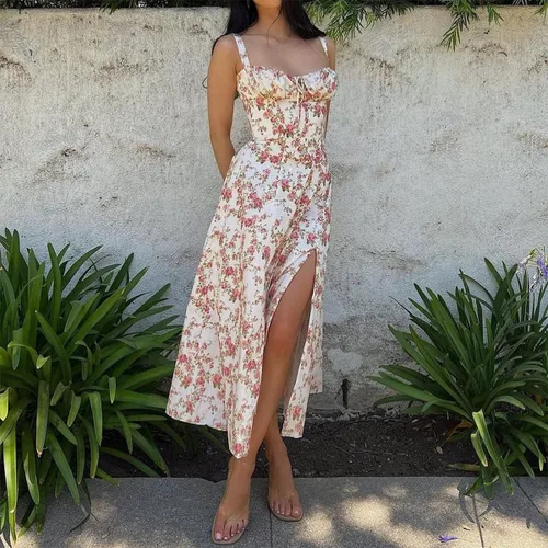 Vista 6 de Vestido de corsé floral para mujer, estilo bohemio, de verano, tirantes delgados, cuello cuadrado, casual, por debajo de la rodilla, con abertura