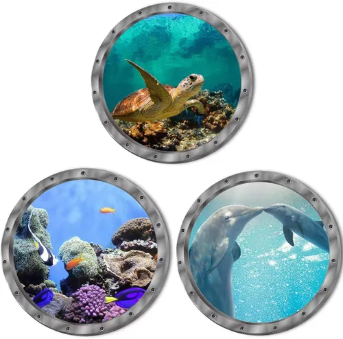 Vista 7 de Decoración del mundo bajo el mar de animales oceánicos, incluye tiburones delfines, 3 unidades, removibles, 3D, adhesivos de vinilo para despegar