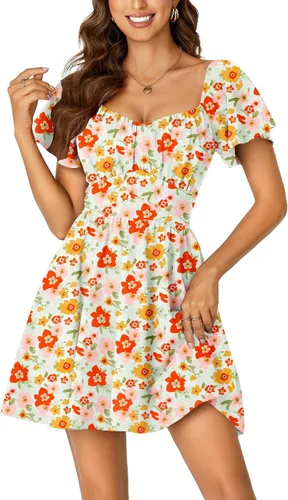 Vista 22 de Rooscier Minivestido acampanado de manga corta con volantes, cuello cuadrado, envolvente y espalda anudada para mujer