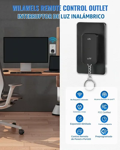 Vista 8 de Toma de control remoto negro, interruptor de luz inalámbrico WILAWELS con base magnética, interruptor de salida remoto de encendido y apagado