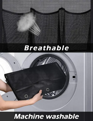 Vista 5 de KIMBORA Organizador de ducha de malla para colgar en el baño, con 2 bolsillos grandes, 3 anillos, barra de cortina colgante para dormitorio, Negro