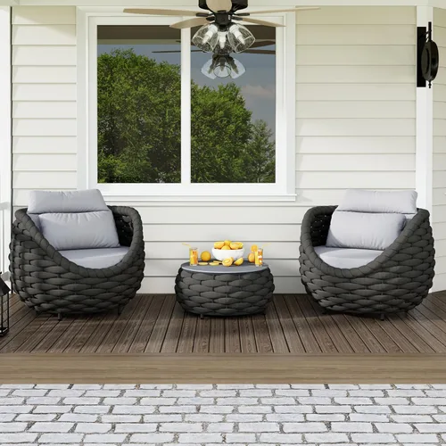 Vista 30 de Juego de muebles de patio de aluminio de 3 piezas: cuerda tejida a mano para conversación al aire libre, juego de 2 cojines modernos montados, juego