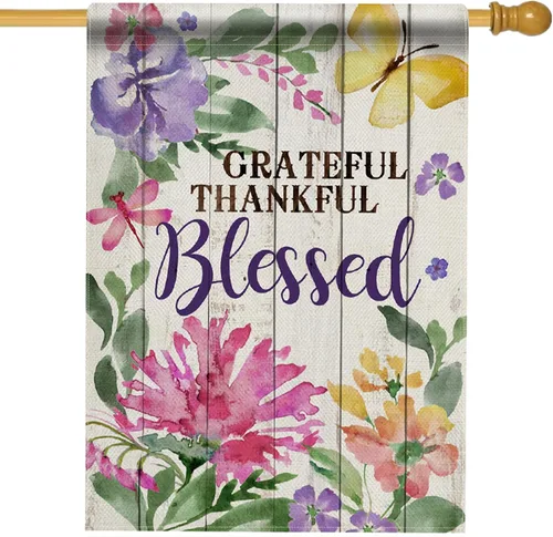 Vista 10 de Hzppyz Grateful Thankful Blessed - Bandera de jardín de Acción de Gracias, pequeña bandera decorativa para exteriores, arpillera rústica, bandera