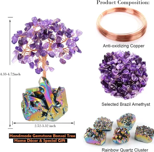 Vista 3 de Decoración de amatista natural, árbol de la vida, de cuarzo, arco iris, base de tatinio, cristales curativos, bonsái de Feng Shui, árbol de dinero