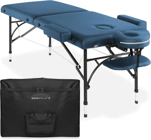Vista 9 de Saloniture Mesa de masaje profesional portátil y ligera con patas de aluminio, incluye reposacabezas, soporte facial, reposabrazos y funda