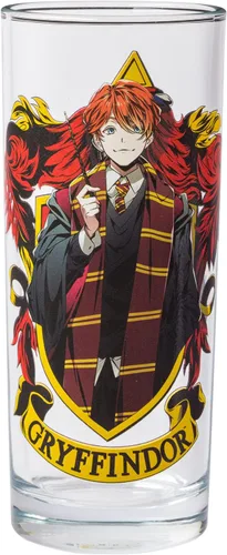 Vista 4 de Silver Buffalo Harry Potter Gryffindor Squad con Hermione Granger, Ron Weasley, y Fred y George estilo anime, juego de 4 vasos de vidrio de 10 onzas