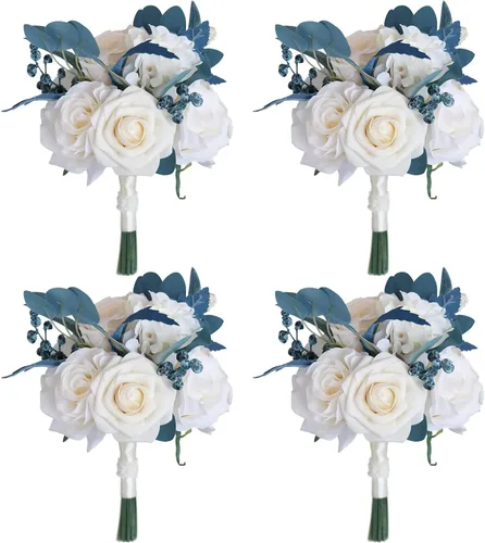 Vista 8 de MOJUN Juego de ramo de dama de honor, ramillete de muñeca, para novio, flores de boda de rosas artificiales para ceremonia de boda, aniversario