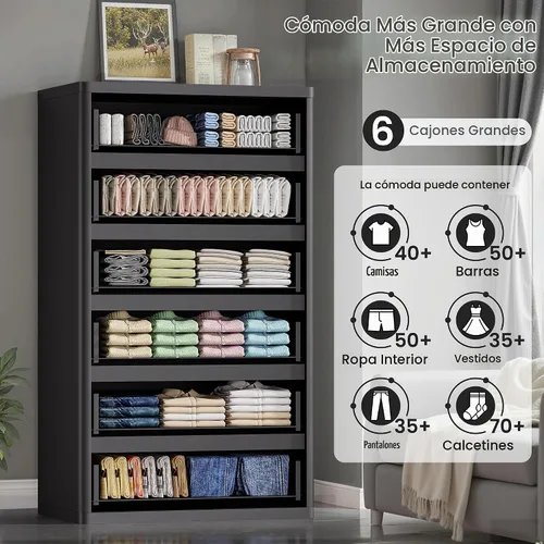 Vista 3 de Standifurno Cómoda negra de 56 pulgadas de alto para dormitorio, moderna acanalada con 6 cajones profundos, cómoda de madera con asas, perfiles Negro