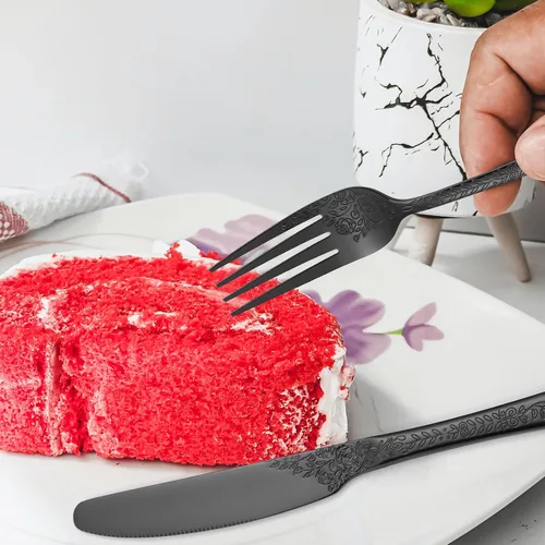 Vista 4 de Juego de Cubiertos Florales Negros para 6 Vajilla de Acero Inoxidable 30 Piezas Cubiertos Únicos Utensilios para Comer Vajilla Elegante Tenedor
