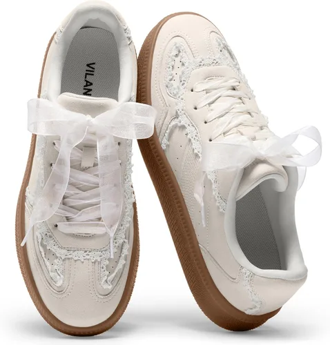 Vista 8 de Vilanva Zapatillas de moda con detalle de encaje para mujer, zapatillas casuales cómodas de vestir con suela de goma retro, calzado de moda