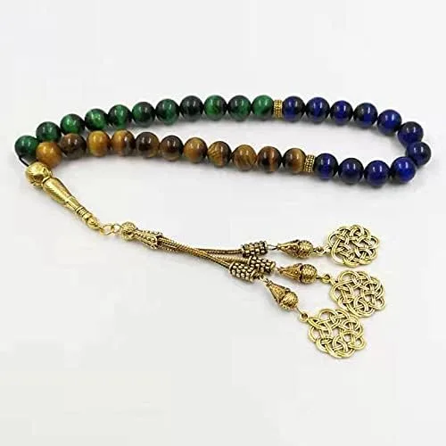 Vista 7 de Tasbih musulmán amarillo azul verde ojo de tigre piedra rosario islámico cuentas joyería turca misbaha (0.315 in x 33 cuentas)